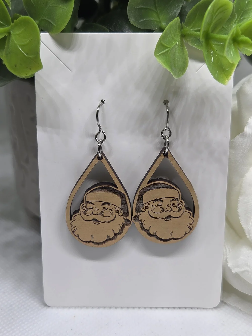 Wooden Santa Teardrop Earrings